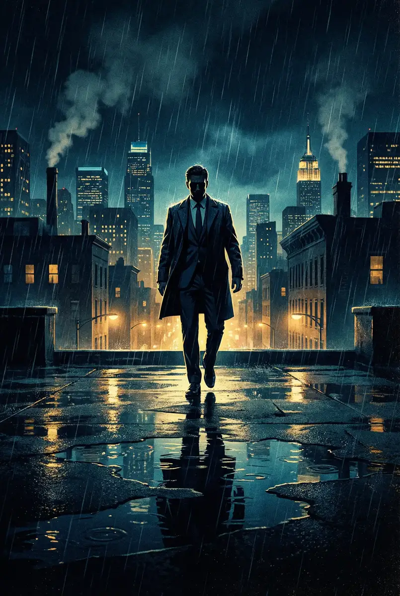 五一吃瓜 出品影片《雨夜独行者》海报，雨中城市屋顶男性剪影
